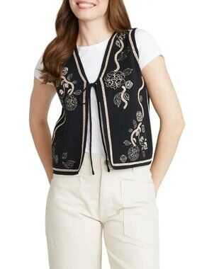 Driftwood Sweater Vest Women's Size L Black Ravishing Rosette Tie Front